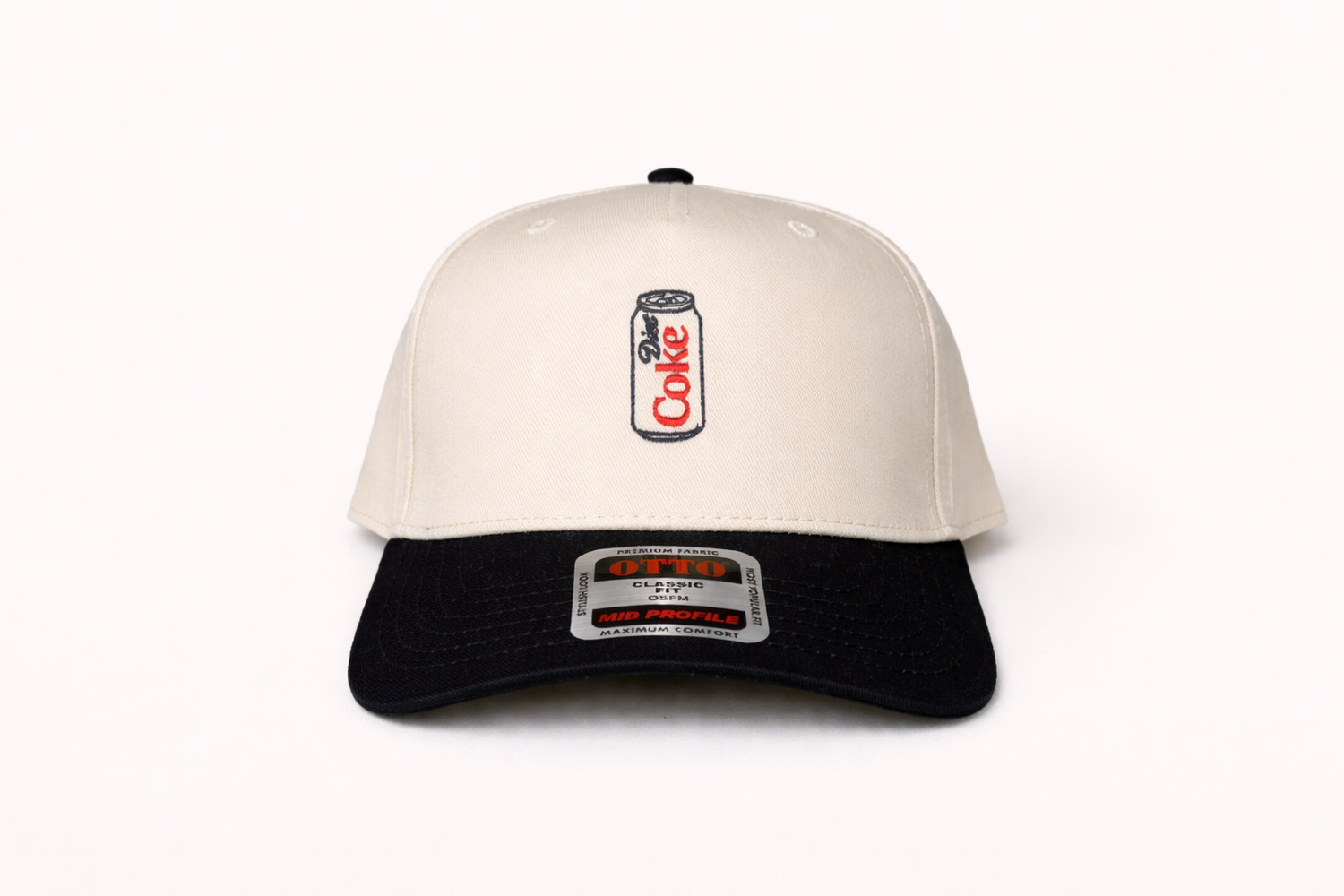 a hat with an embroidered diet coke can on it