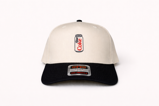 a hat with an embroidered diet coke can on it