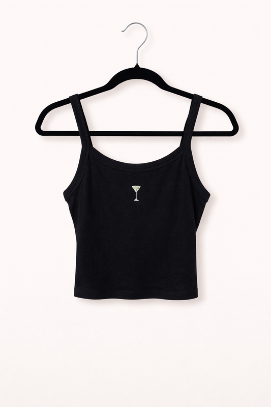 Black crop top with a small dirty martini on a hanger against a white background