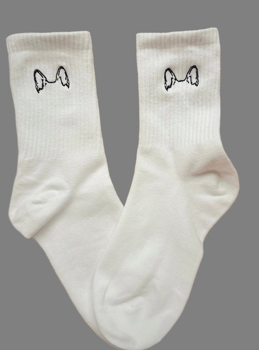White crew socks with custom dog ear embroidery