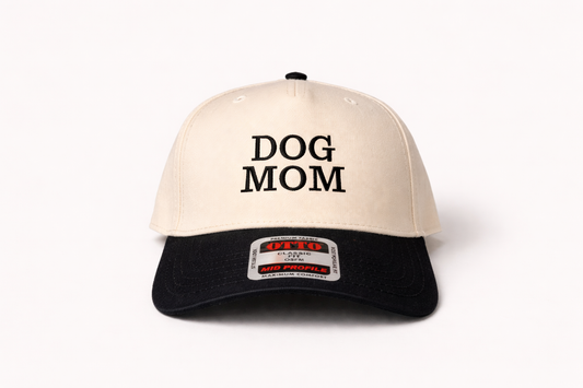 Cap with 'DOG MOM' text on a white background