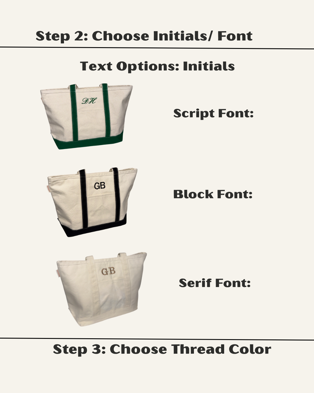 Three tote bags with different text options on a white background