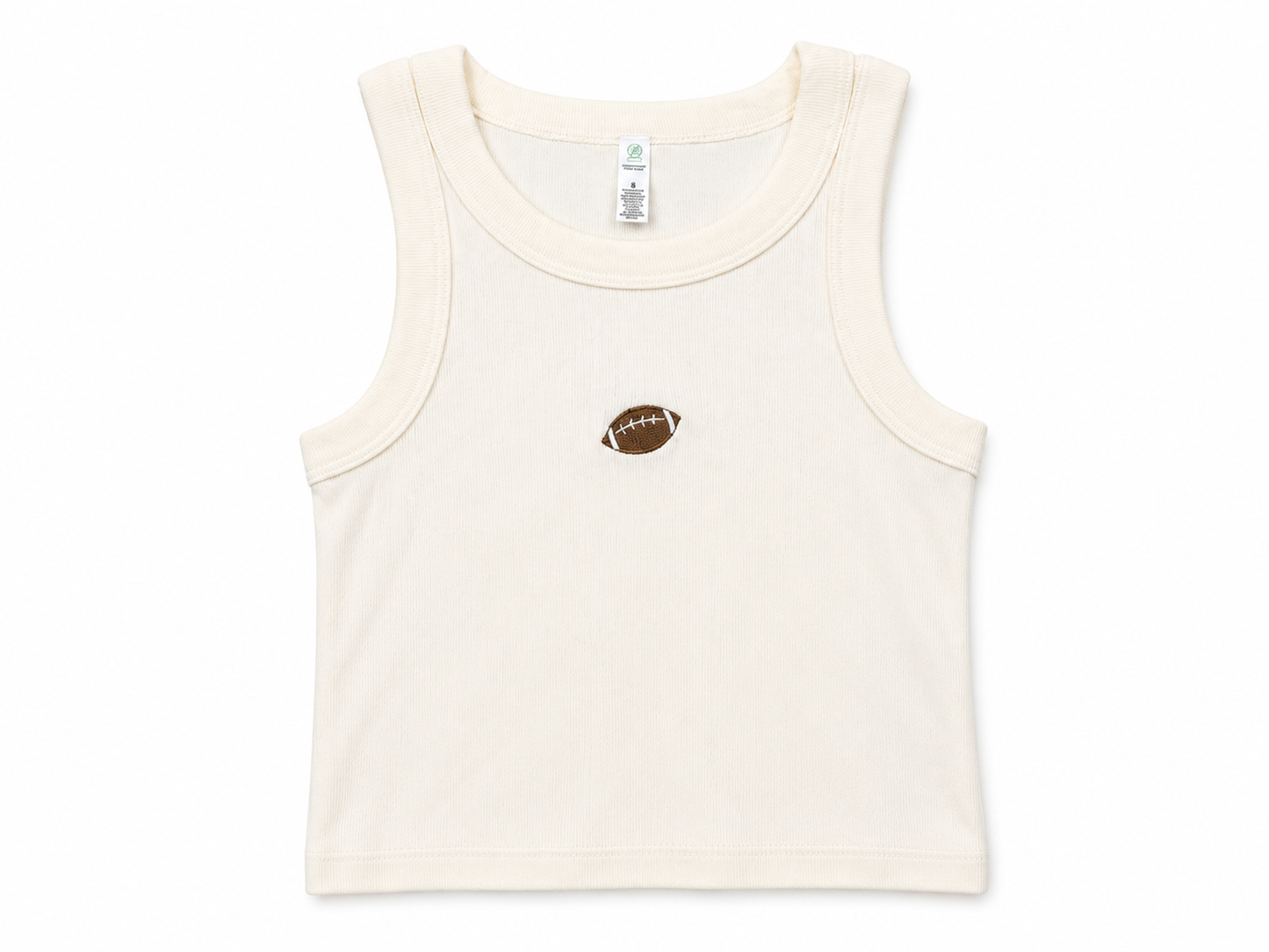 An off-white sleeveless tank top with a small brown embroidered football on the center chest, displayed flat against a white background.