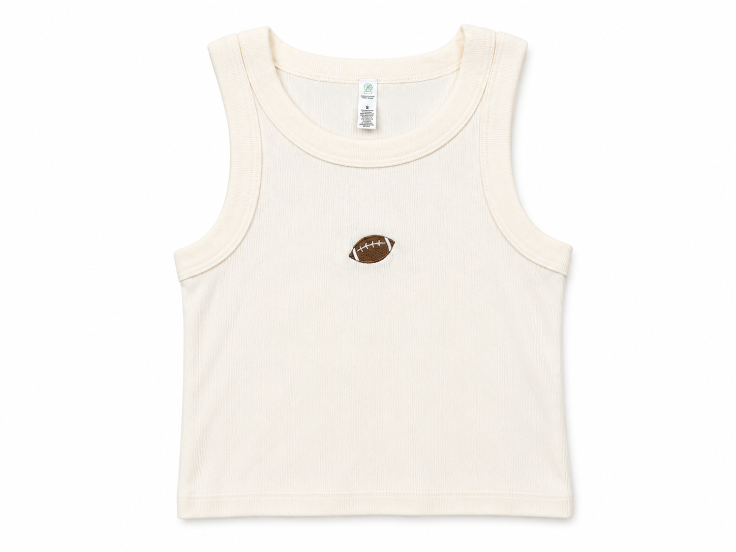 An off-white sleeveless tank top with a small brown embroidered football on the center chest, displayed flat against a white background.