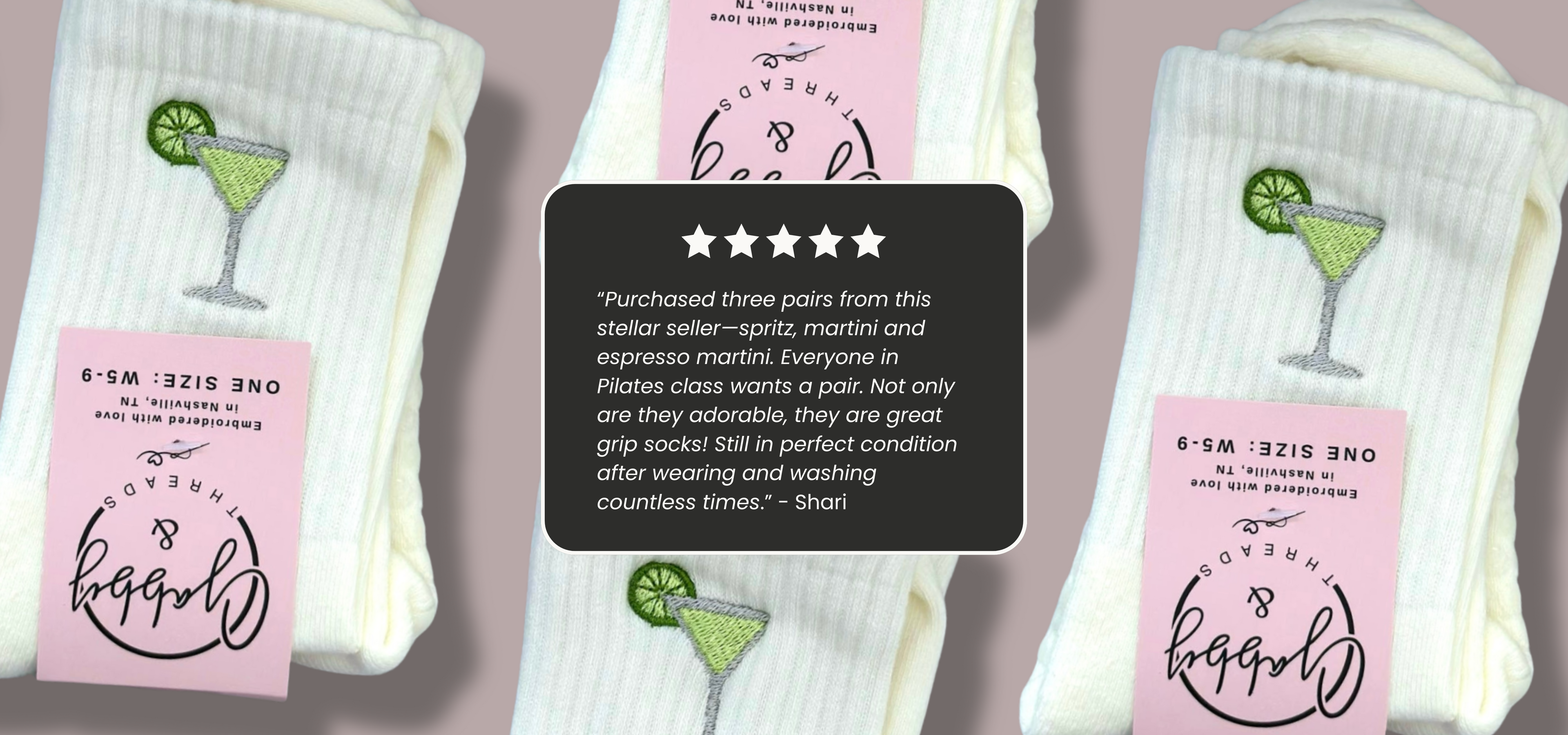White socks with pink packaging featuring text and margarita embroidery on a mauve background