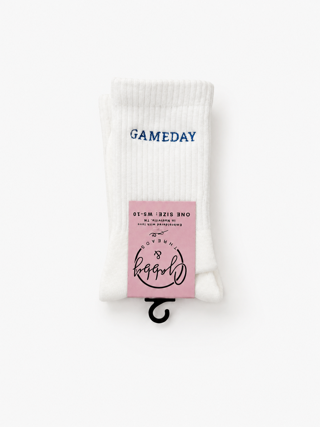 a pair of white socks with the words "gameday" embroidered on them in blue