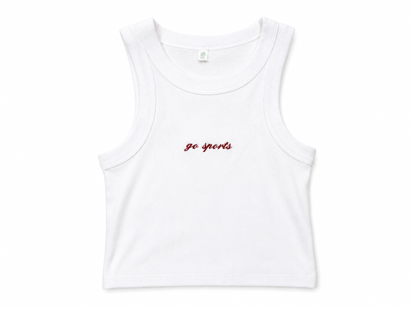 A white sleeveless crop tank top with 'go sports' embroidered in red cursive on the chest, displayed flat against a white background.