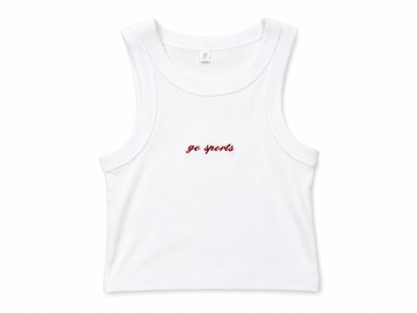 A white sleeveless crop tank top with 'go sports' embroidered in red cursive on the chest, displayed flat against a white background.