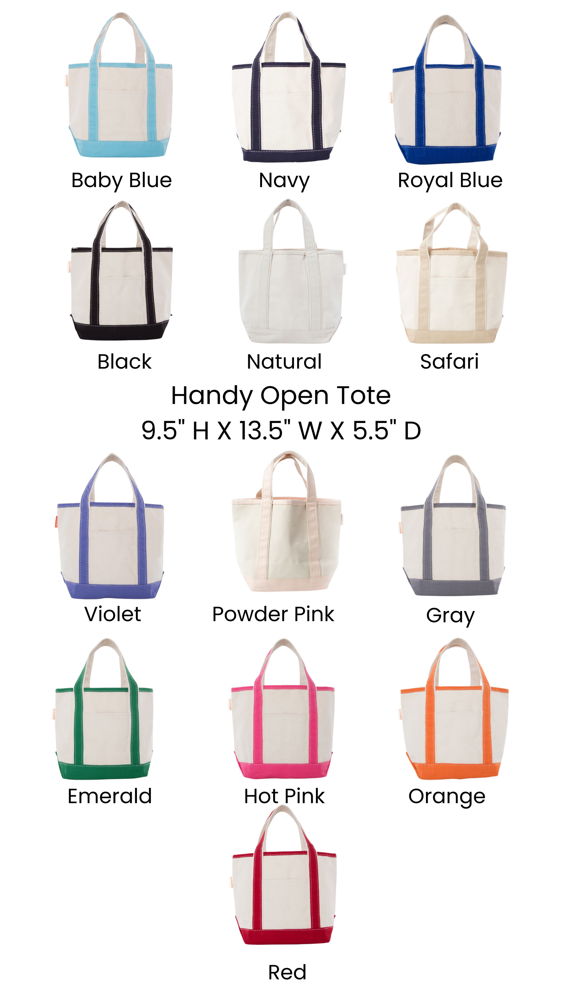 Collection of Handy Open Tote bags in various colors on a white background
