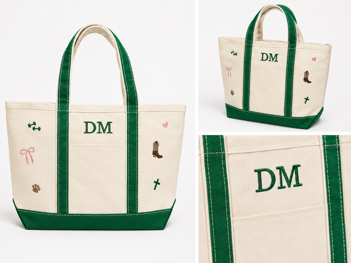 Tote bag with green handles and trim, featuring initials 'DM' and various small designs.