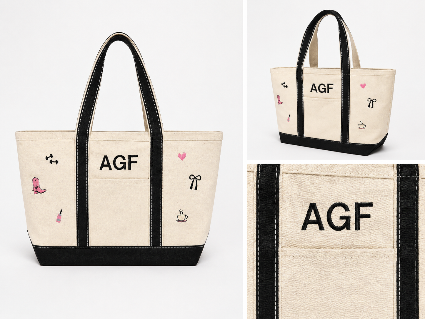 Beige tote bag with black accents and 'AGF' initials, featuring small icons on a white background.