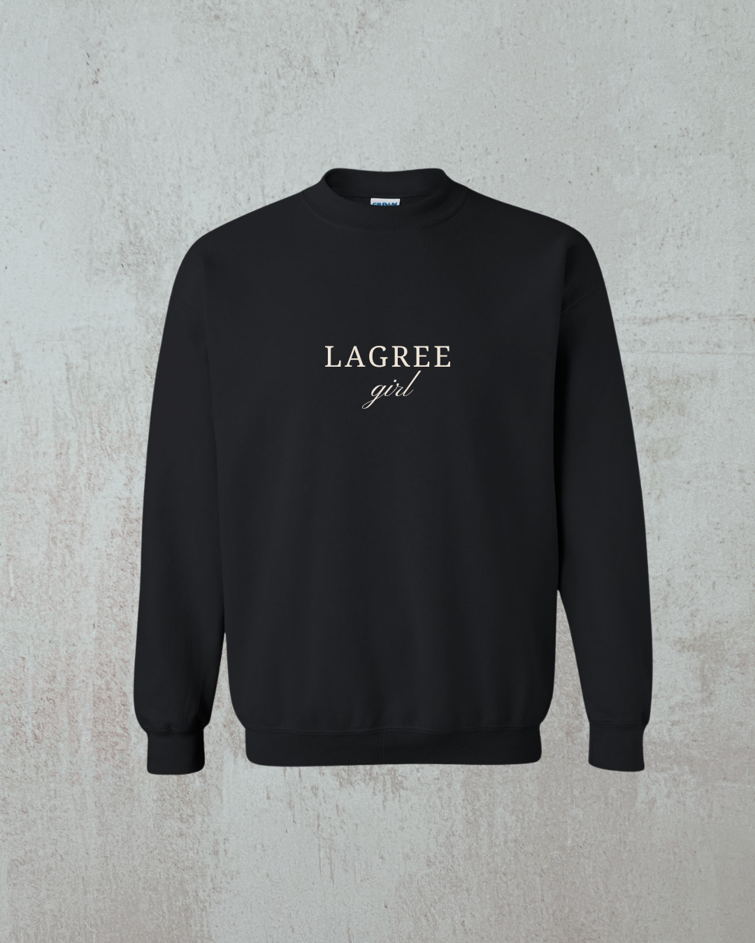 Black sweatshirt with 'LAGREE girl' text on a gray textured background