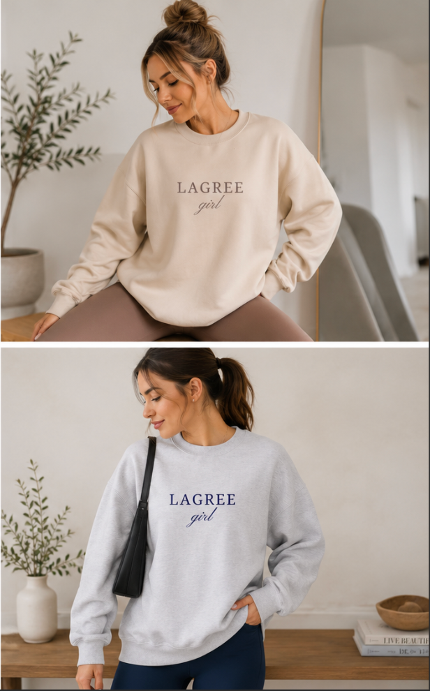 Two images of a woman wearing a 'Lagree girl' sweatshirt in a home setting.