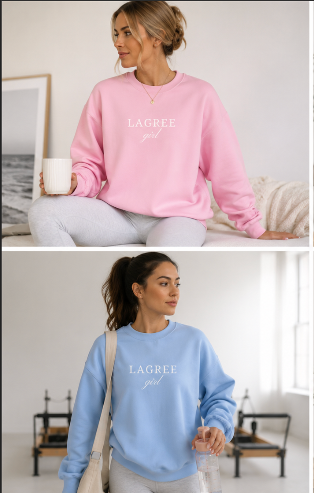 Two women wearing pink and blue sweatshirts with 'LAGREE girl' text, holding mugs.