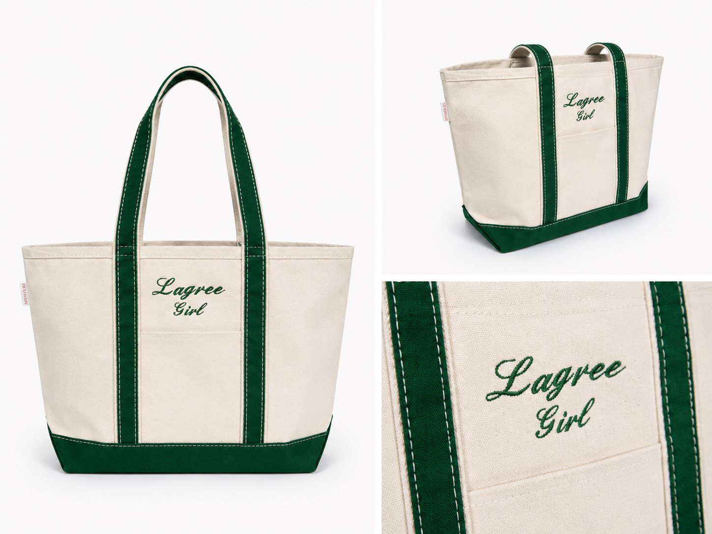 Tote bag with 'Lagree Girl' embroidery on a white background