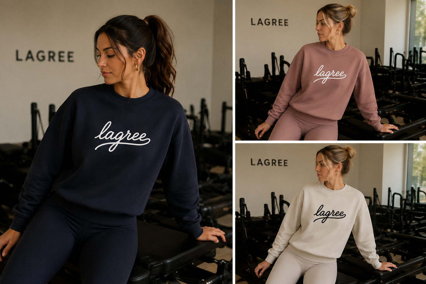 Three images of a woman wearing Lagree sweatshirts and pants in different colors.