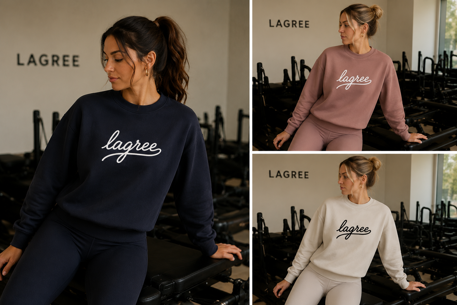 Three images of a woman wearing Lagree sweatshirts and pants in different colors.
