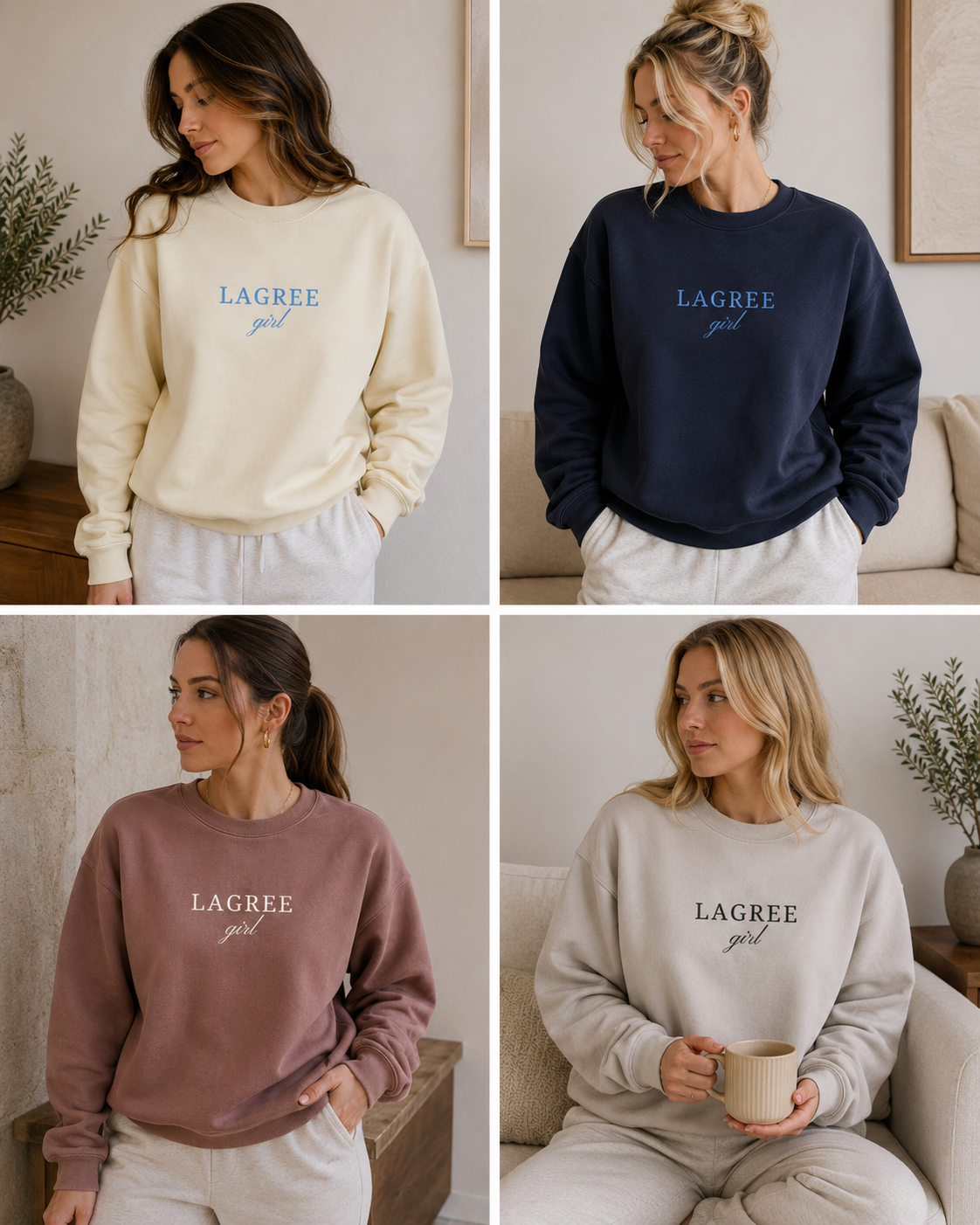 Four different women wearing sweatshirts with 'LAGREE girl' text in various colors.