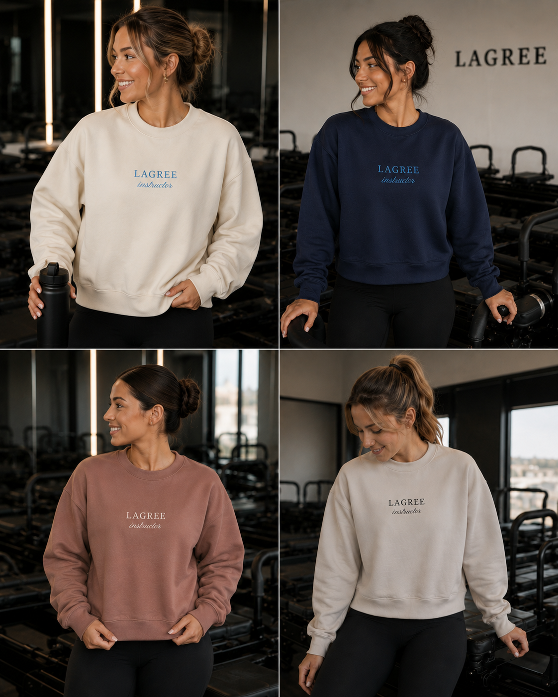 four woman are in a lagree studio wearing an embroidered crewnecks that have the words "lagree instructor" embroidered on it