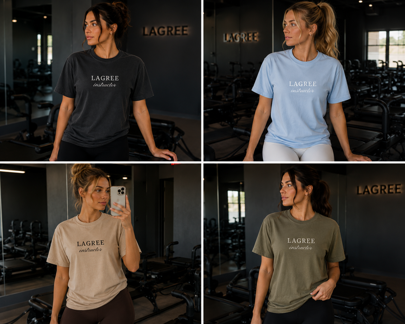 Four images of a woman wearing different colored embroidered  'LAGREE instructor" t-shirts in a gym setting.