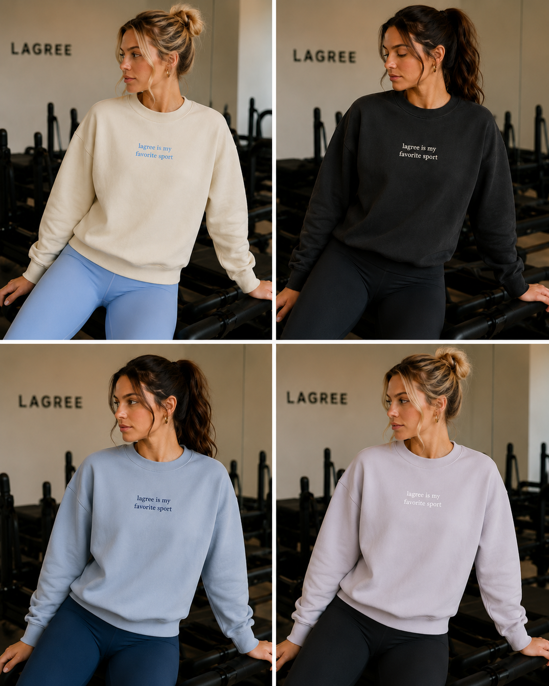 Four images of a woman wearing different colored sweatshirts with text in a gym setting. The embroidered crewneck that says "lagree is my favorite sport"