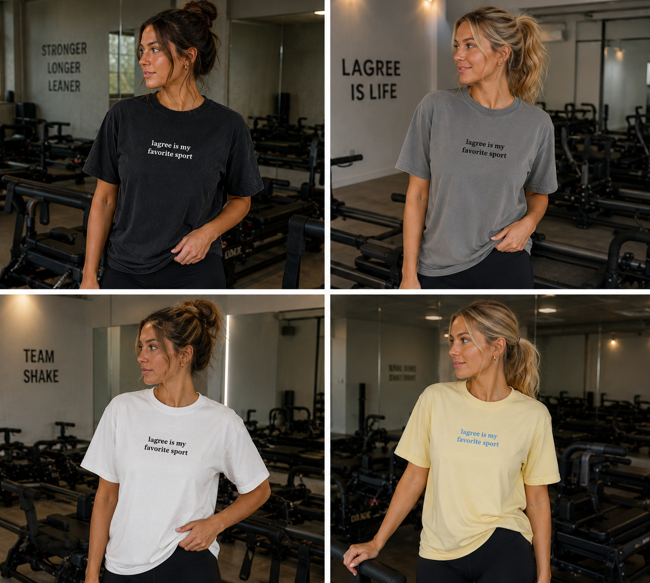 four women is in a lagree studio wearing a shirt that says "lagree is my favorite sport"