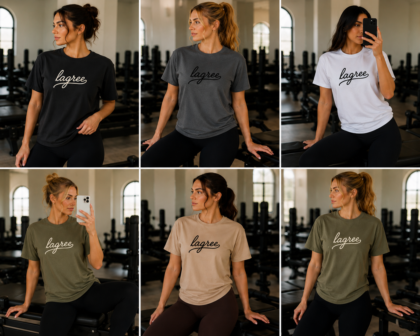 a women is standing in a lagree studio wearing a tshirt with the words "lagree" embroidered on it 