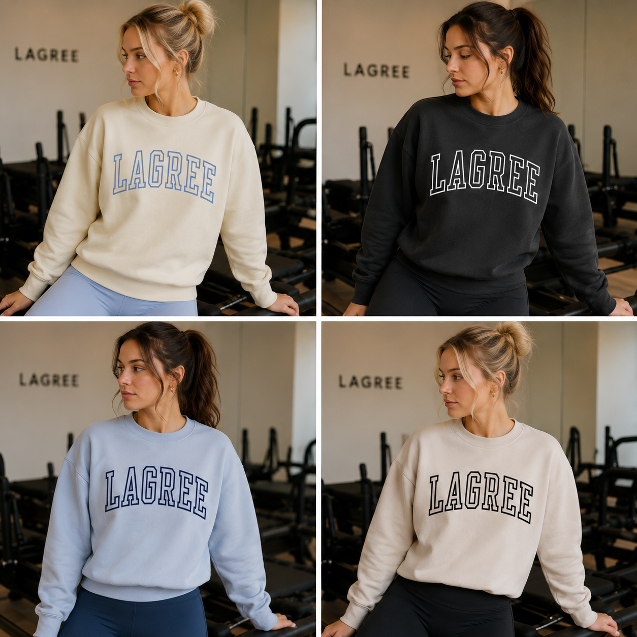 Four people wearing 'LAGREE' sweatshirts in different colors.