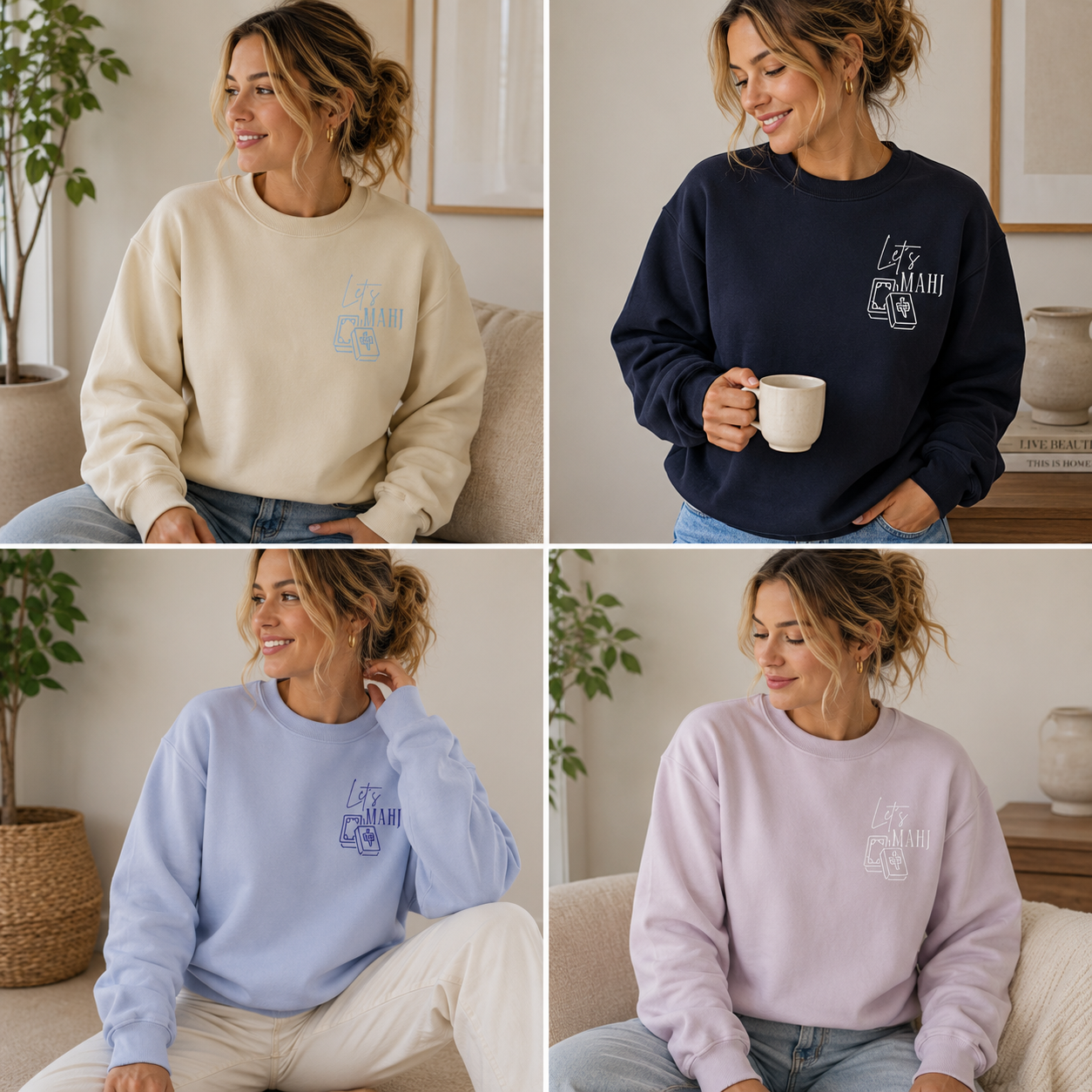 A four-panel collage showing a woman wearing the same sweatshirt in four colorways: cream, navy, light blue, and light purple. Each sweatshirt has a small white chest graphic with the words  "let's mahj" with mahjong tiles embroidered on it