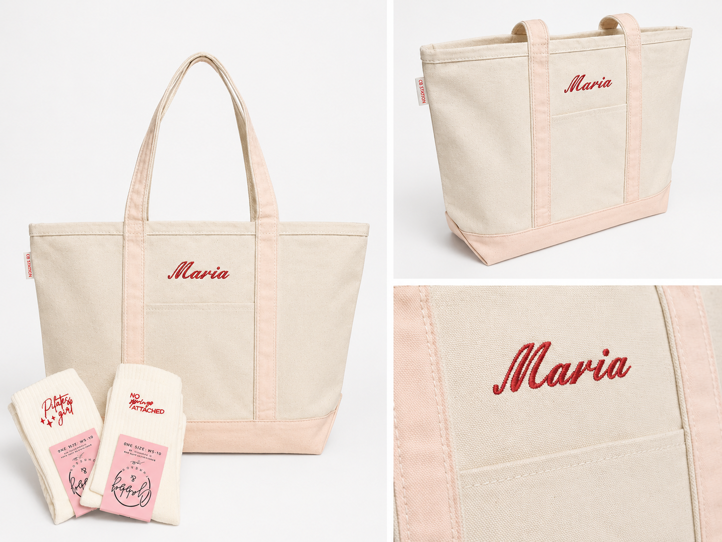 canvas  tote bag with 'Maria' embroidery, accompanied by small pink and beige items on a white background.