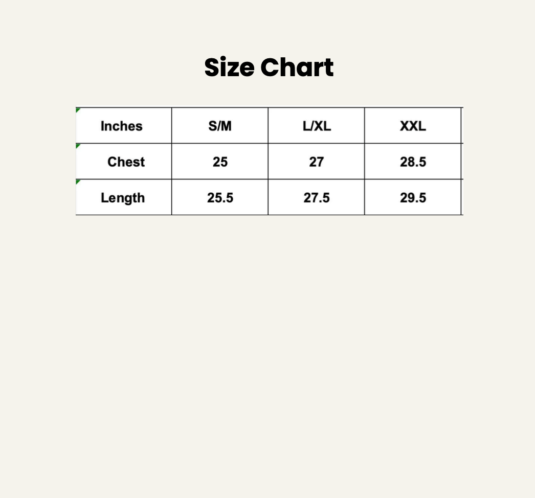 a size chart for the mock neck sweatshirts that shows chest measurements and length
