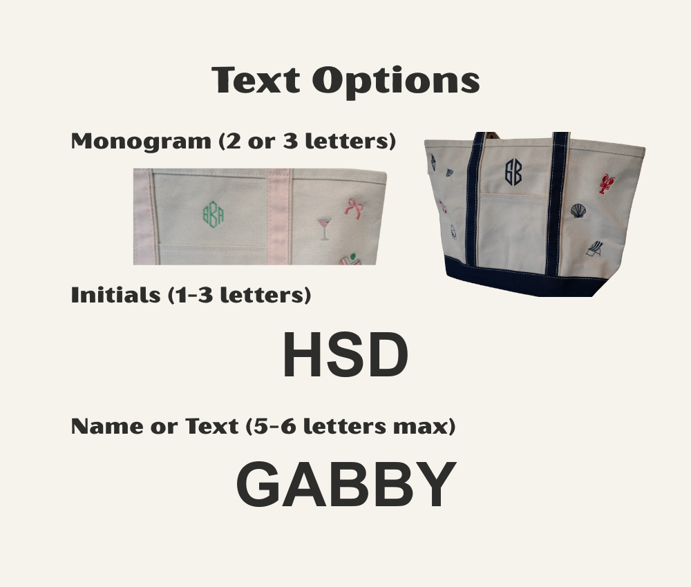 Two bags with embroidered designs and text options displayed on a neutral background