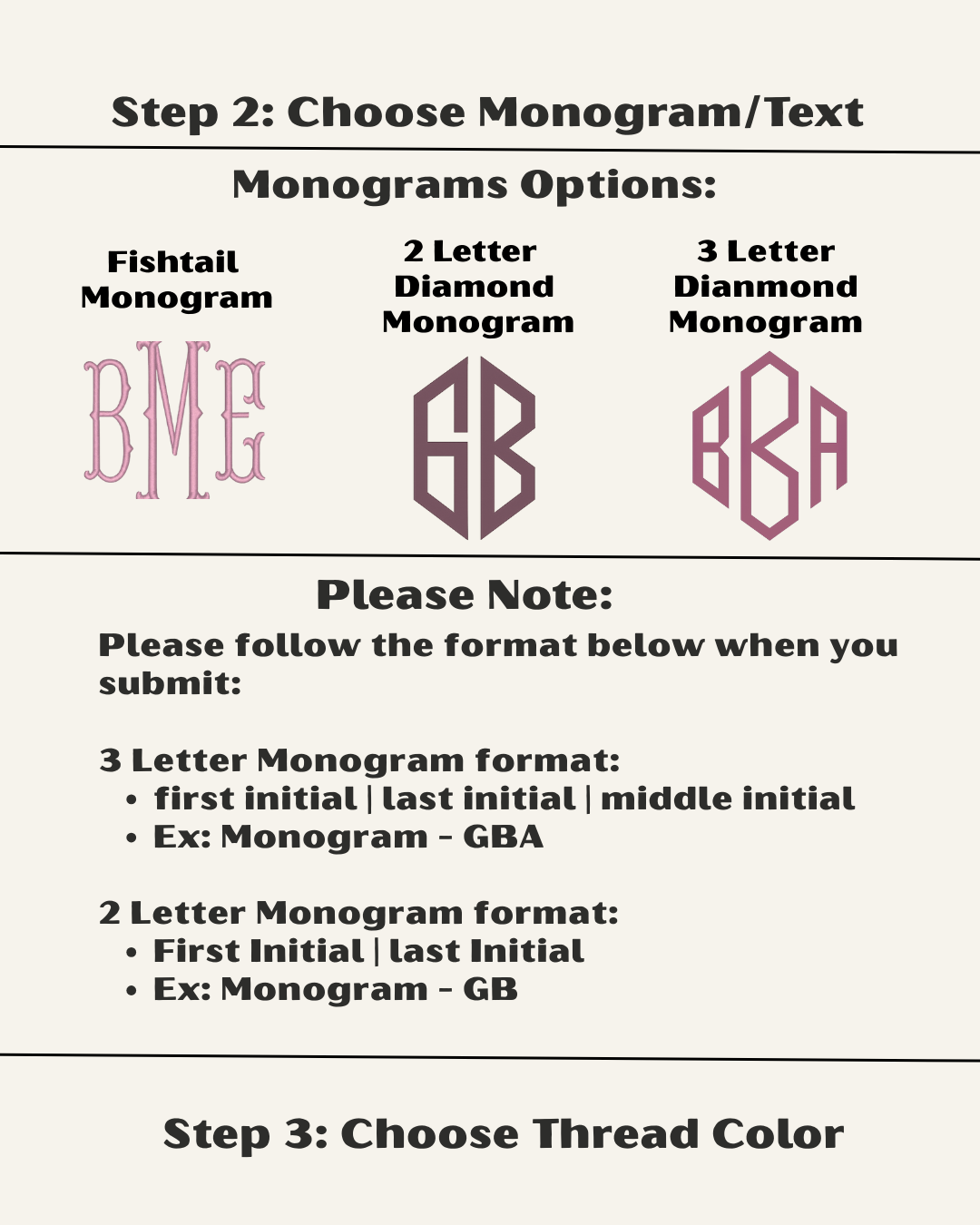 Instructions for choosing monogram text formats with examples on a white background.