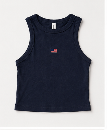 Navy blue tank top with a small flag emblem on a white background