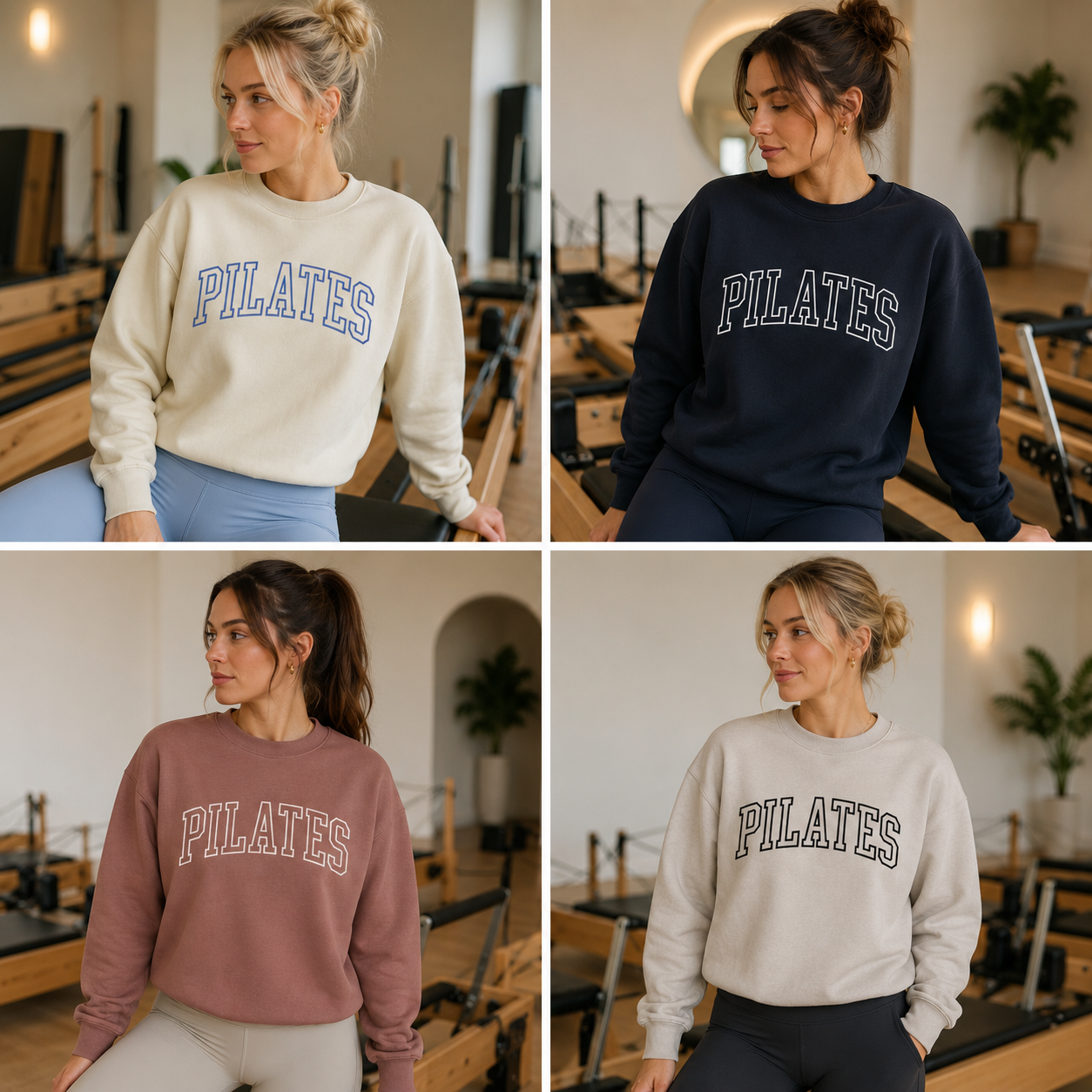 Four women wearing Pilates sweatshirts in a gym setting.