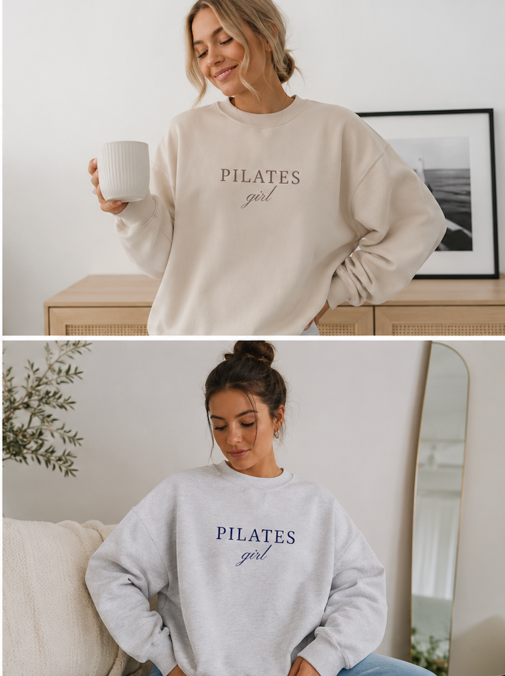 Two women wearing pink and blue 'PILATES girl' sweatshirts in a home setting.