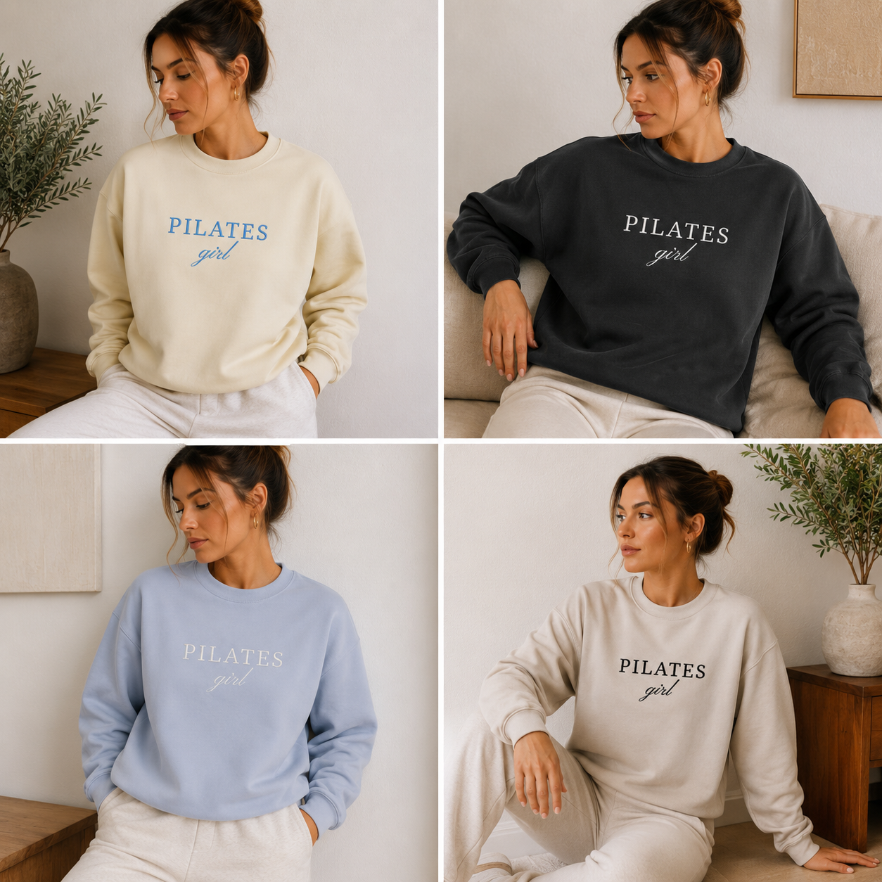 Four images of a woman wearing Pilates-themed sweatshirts in different colors.