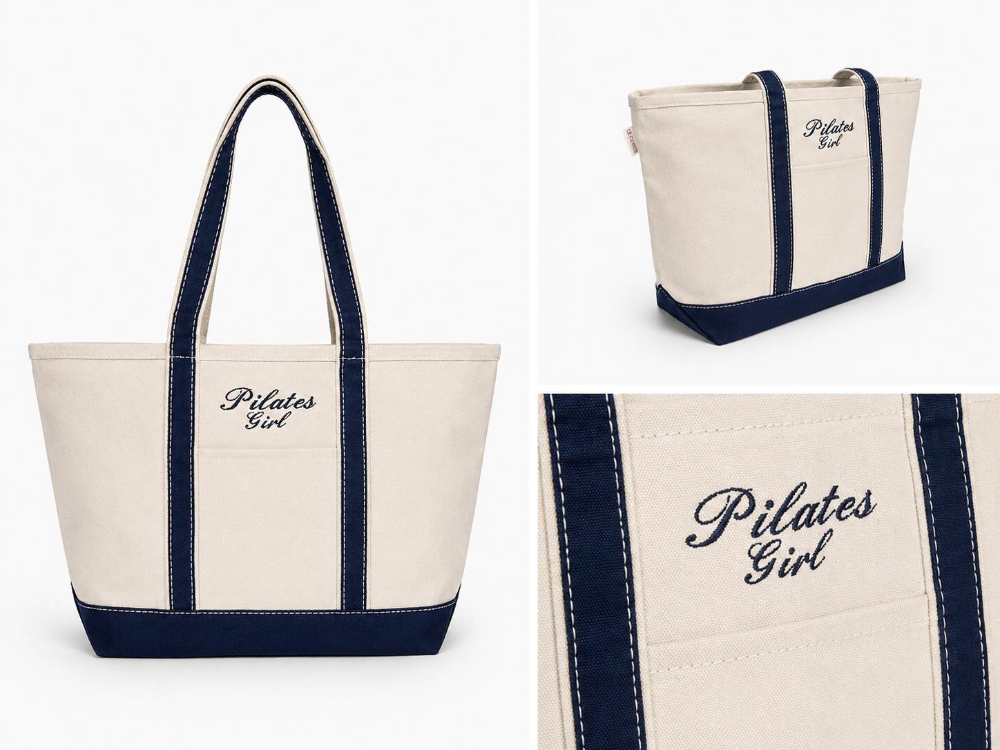 canvas tote bag with navy trim with the words "pilates girl" embroidered on it in navy thread