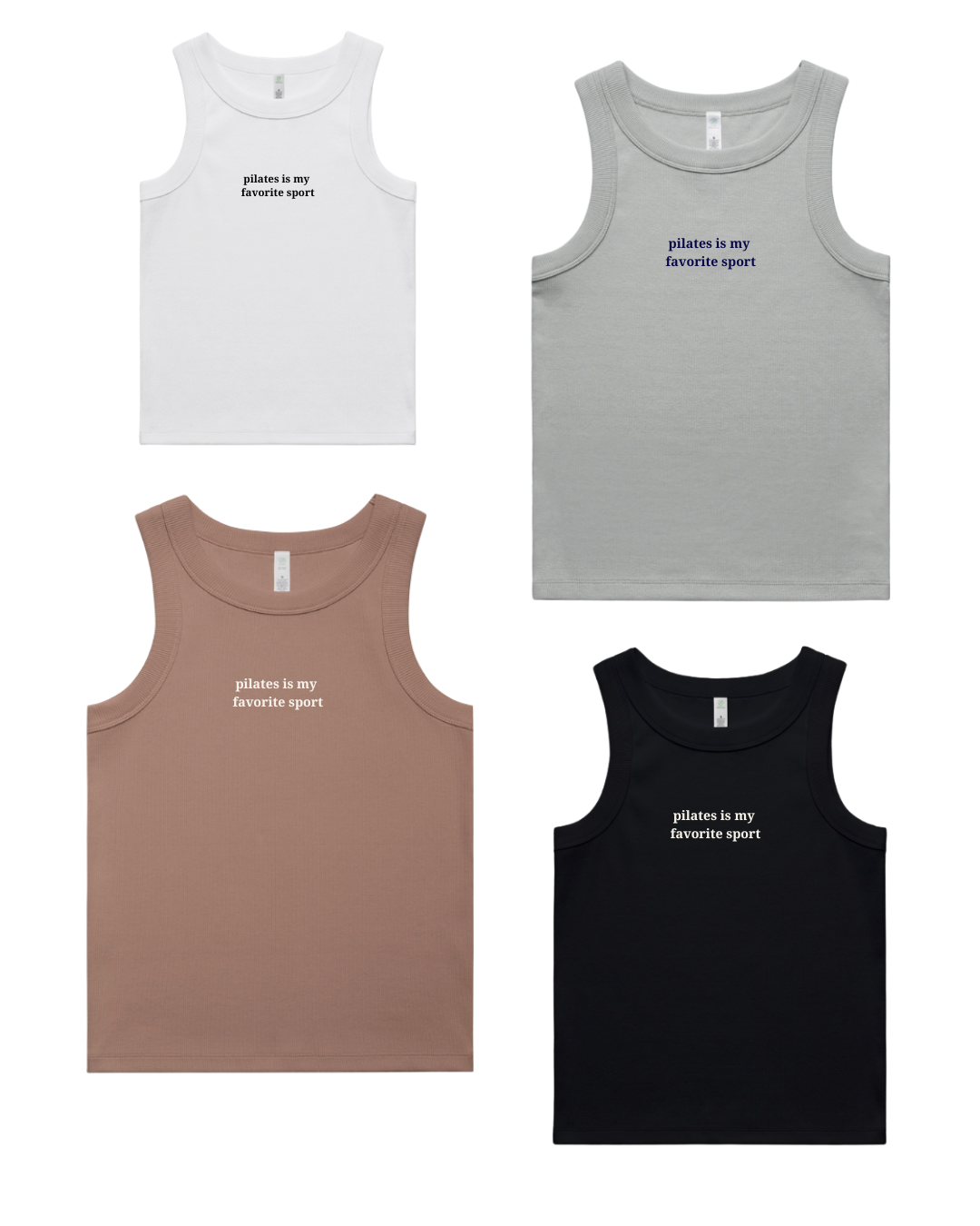 Four tank tops in different colors with text on a white background with the text pilates is my favorite sport embroidered on them