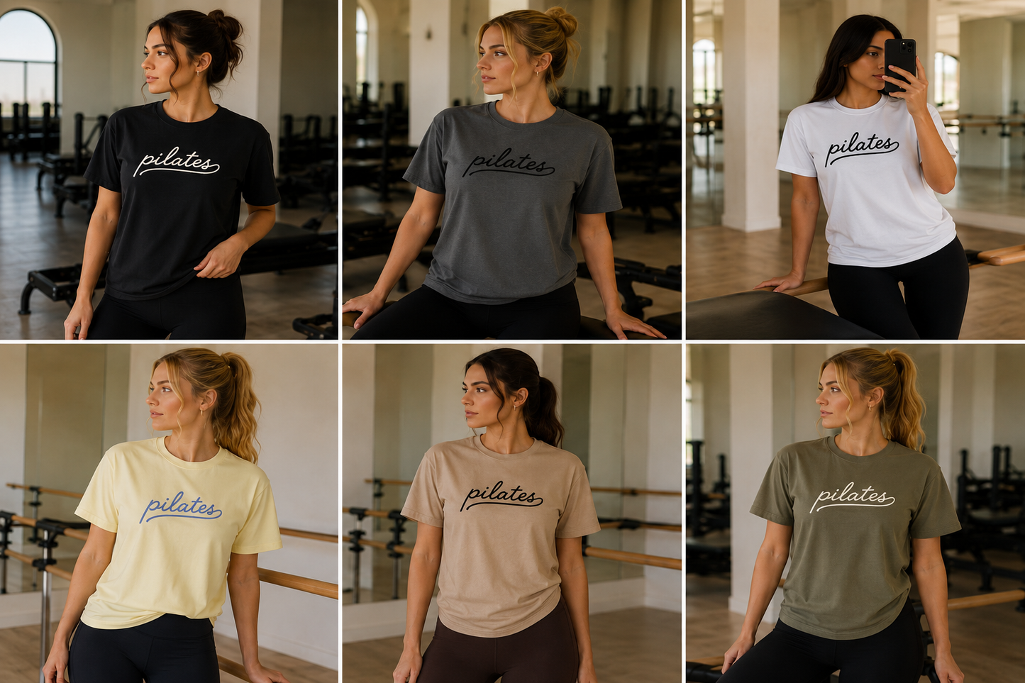 a women is in a pilates studio wearing an embroidered pilates shirt