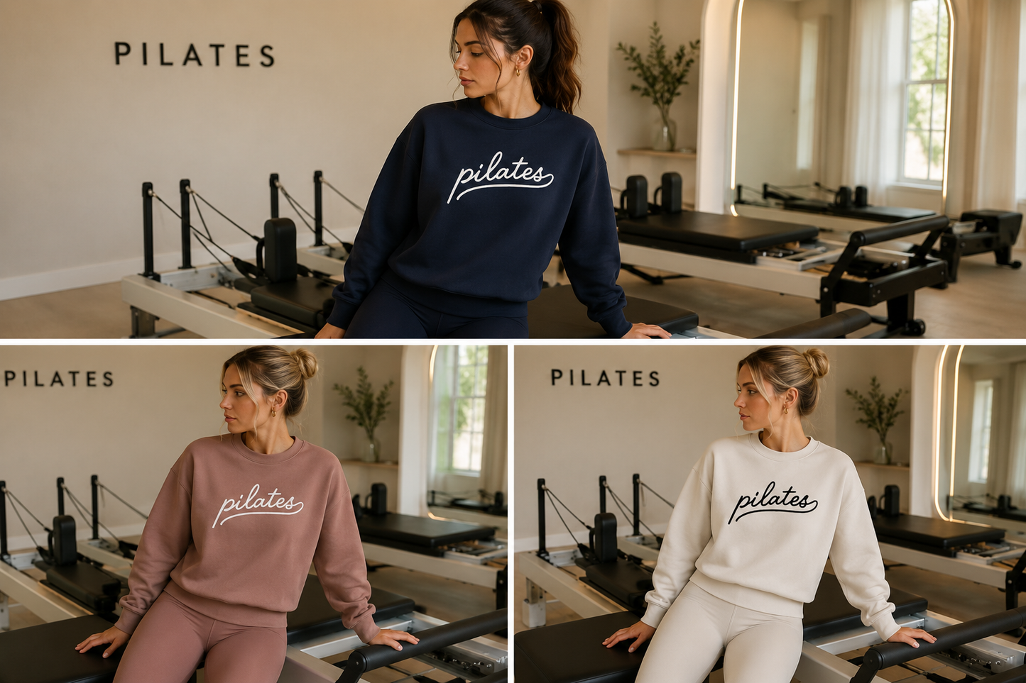 Woman in Pilates sweatshirts with 'pilates' text in a Pilates studio.