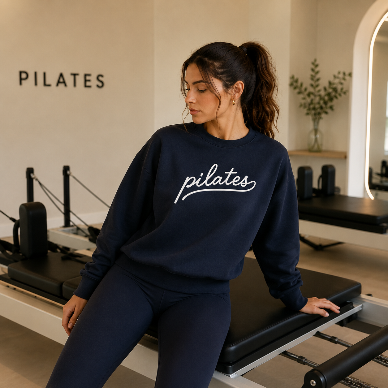 Woman in Pilates attire sitting on a Pilates reformer machine in a Pilates studio.