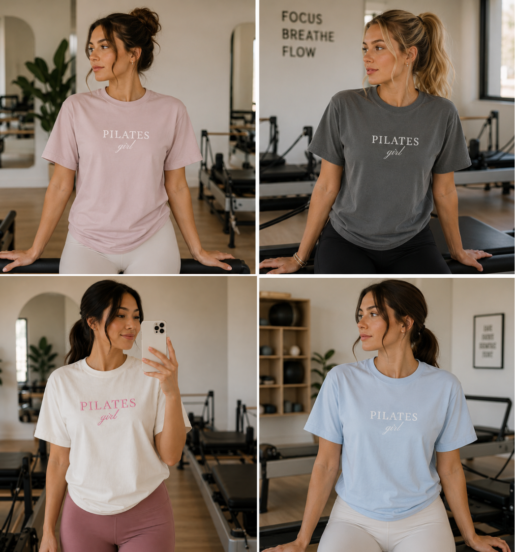 Four women wearing an embroidered Pilates t-shirt in a Pilates studio.