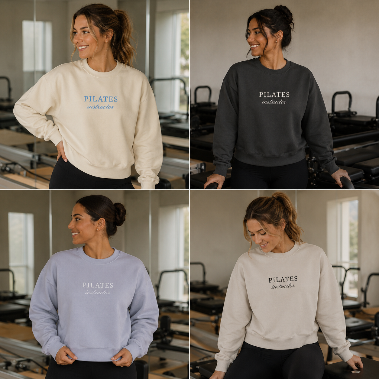 four woman are in a pilates studio wearing an embroidered crewneck that says pilates instructor on it