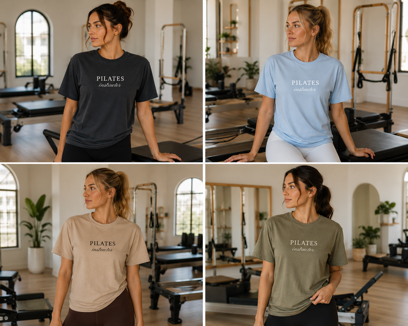 four women are wearing a black embroidered "pilates instructor" tshirt  in a pilates studio