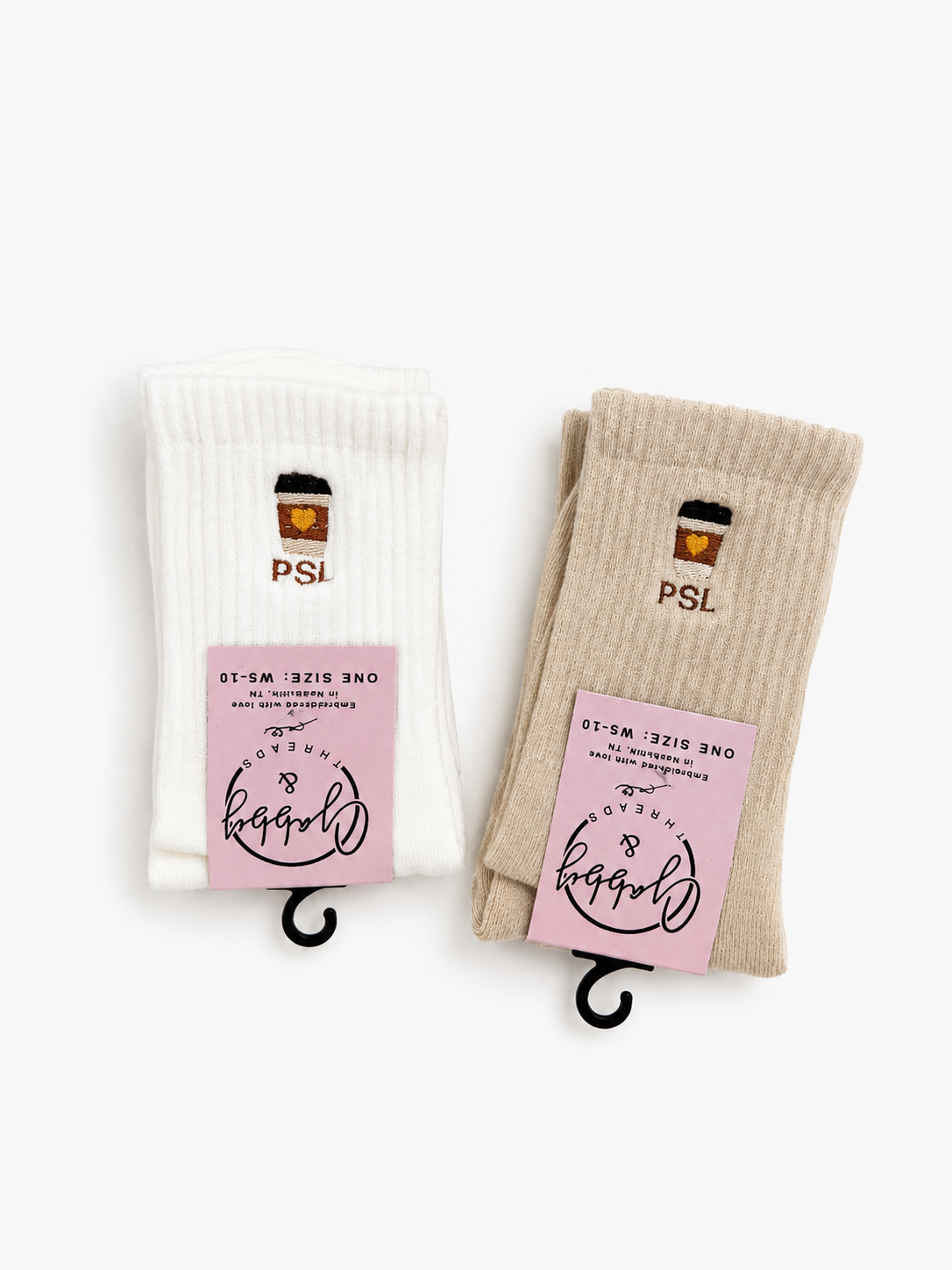 two pairs of socks with embroidered latte cups with PSL embroidered underneath each one.