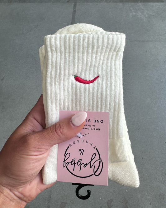 White socks with embroidered red chili pepper