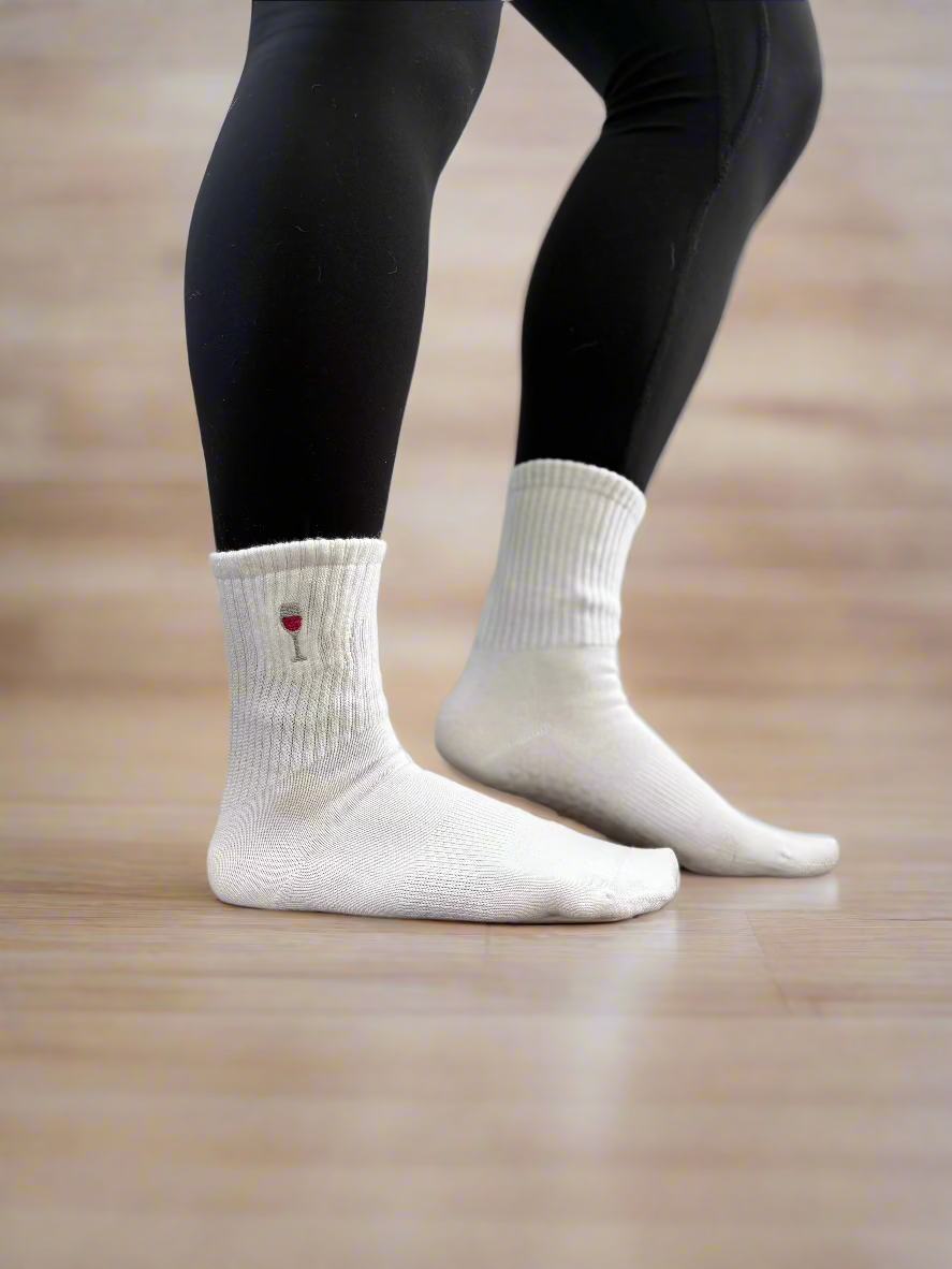 white grip socks with embroidered red wine glass 