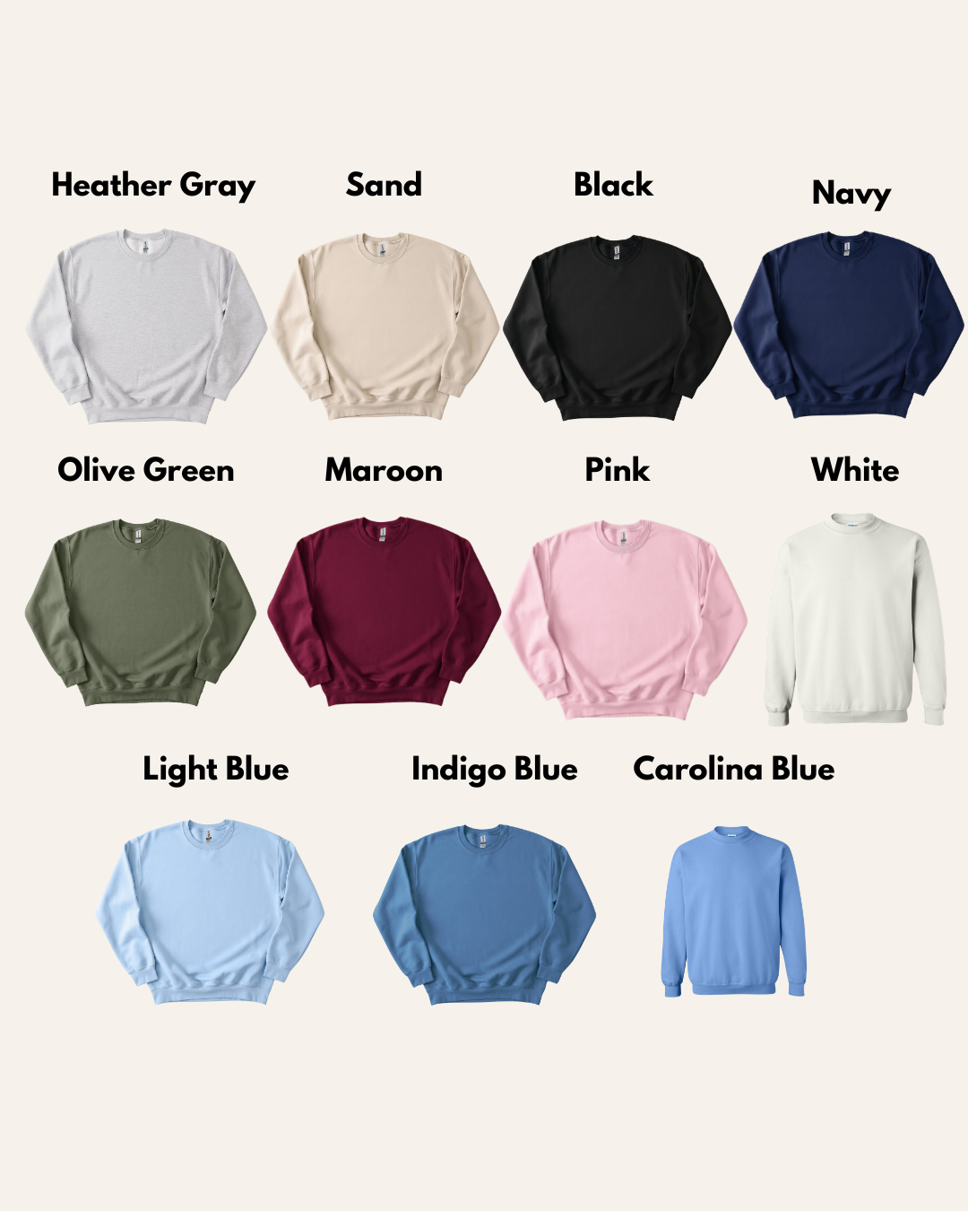 Collection of sweatshirts in various colors on a white background