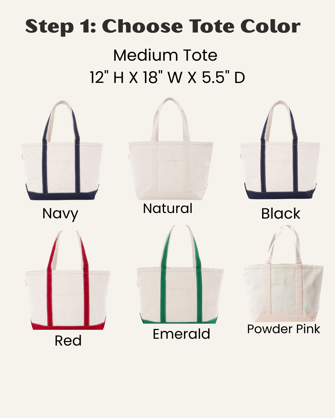 Various tote bags in different colors with dimensions displayed.